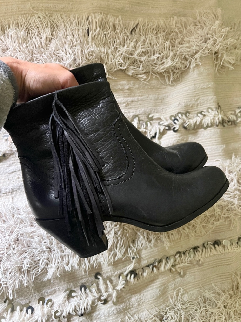 Sam Edelman “Louie” Bootie Black Leather Fringe Western Boot Size 8
